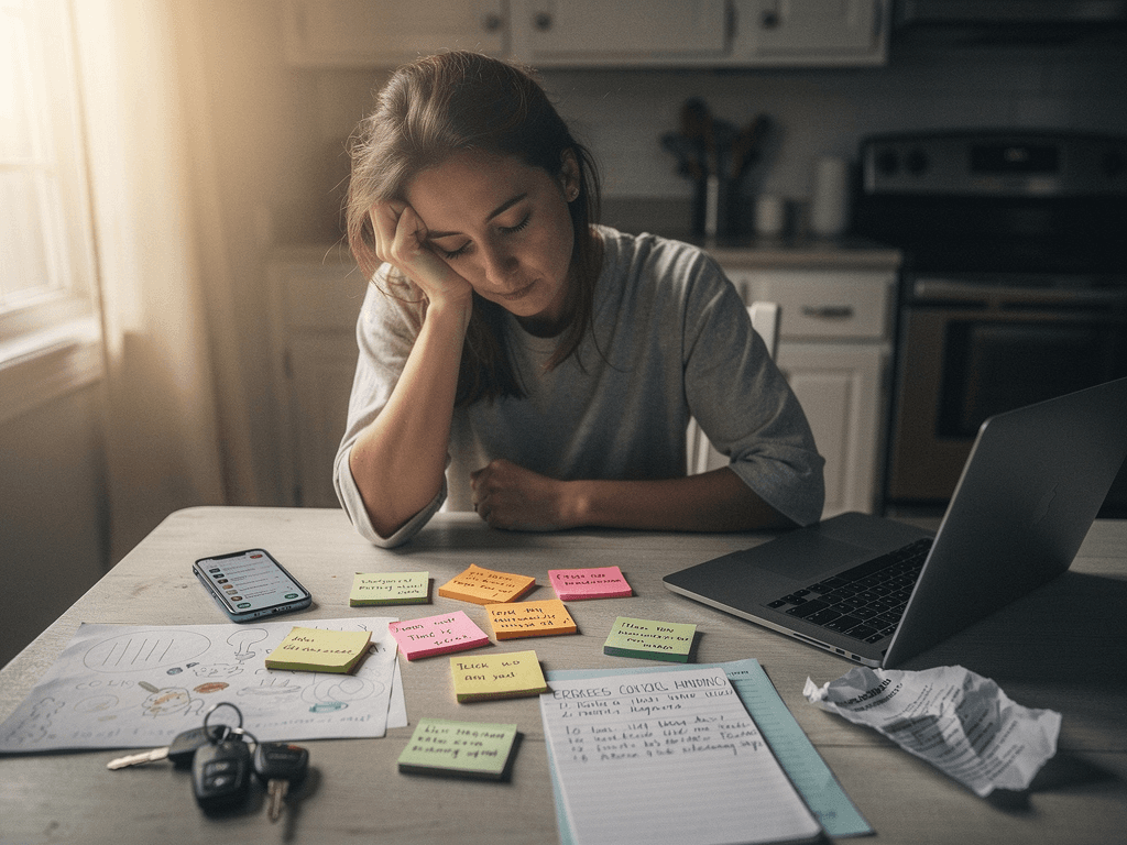 A tired mother at a kitchen table surrounded by sticky notes, phone notifications, school papers, and car keys