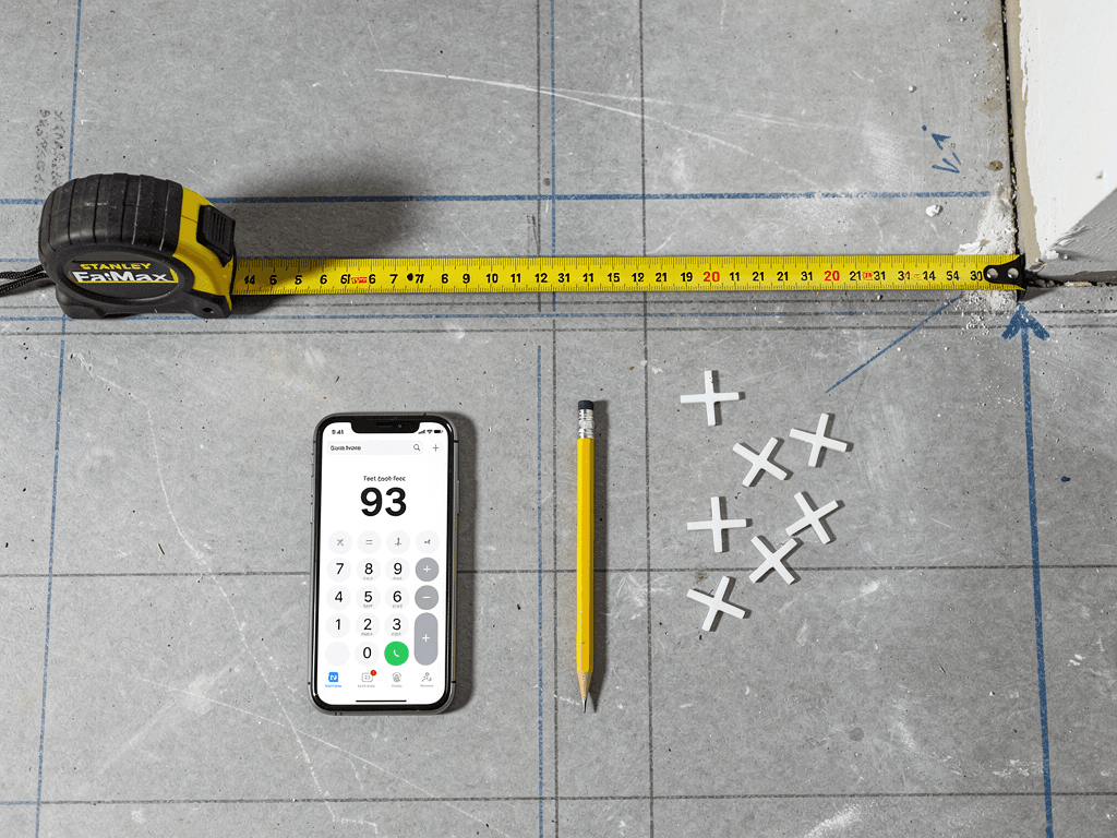 Stanley FatMax tape measure stretched across a concrete subfloor with a calculator showing 93 — the gap between what you measure and what you actually need