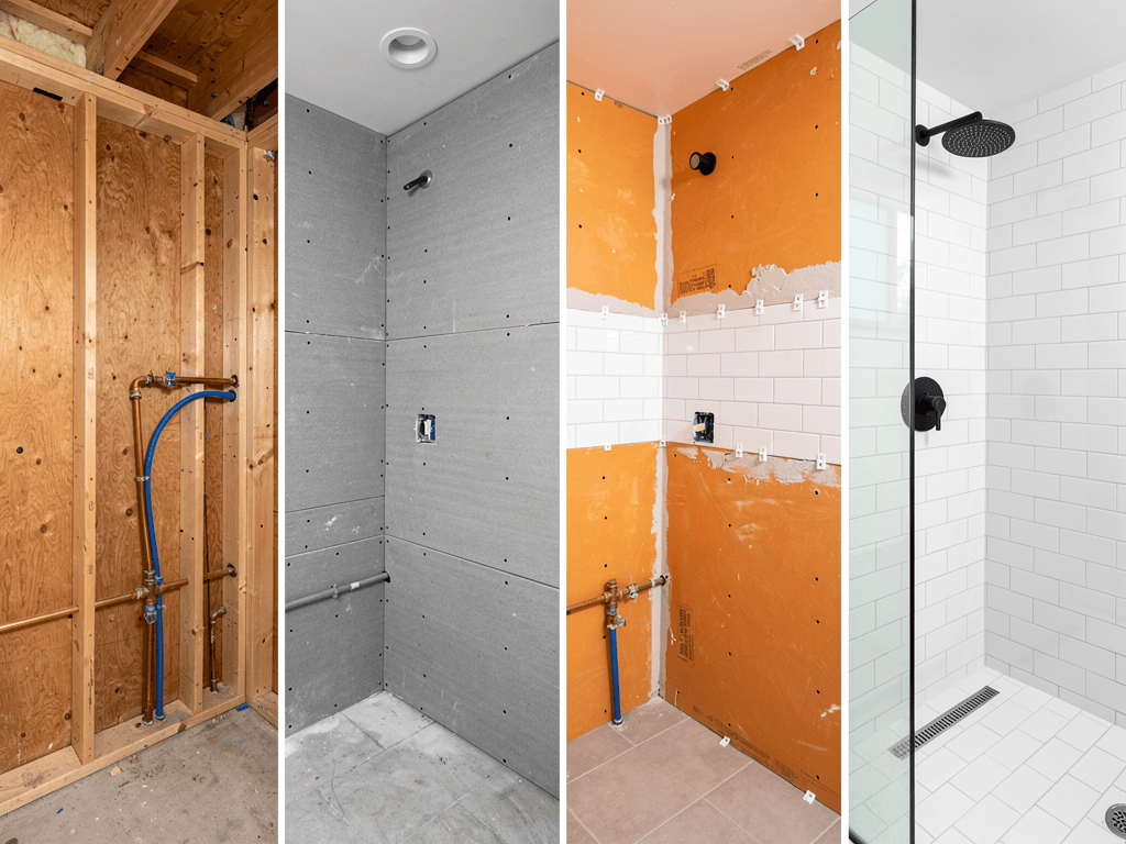Four vertical strips showing the same bathroom corner through four stages of renovation — bare studs, cement board, waterproofing and tile in progress, and the finished bathroom with white subway tile and matte black fixtures