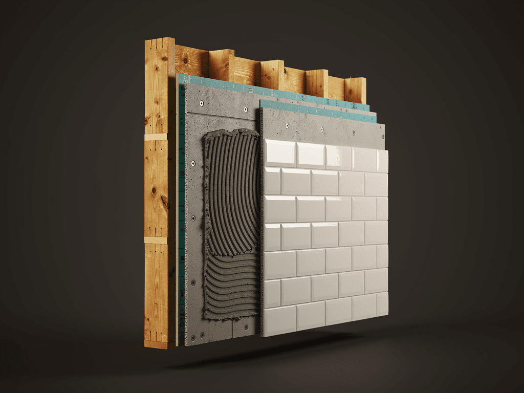 Cross-section cutaway of a shower wall showing five construction layers — studs, cement board, waterproofing membrane, thinset, and subway tile — each separated like a museum exhibit