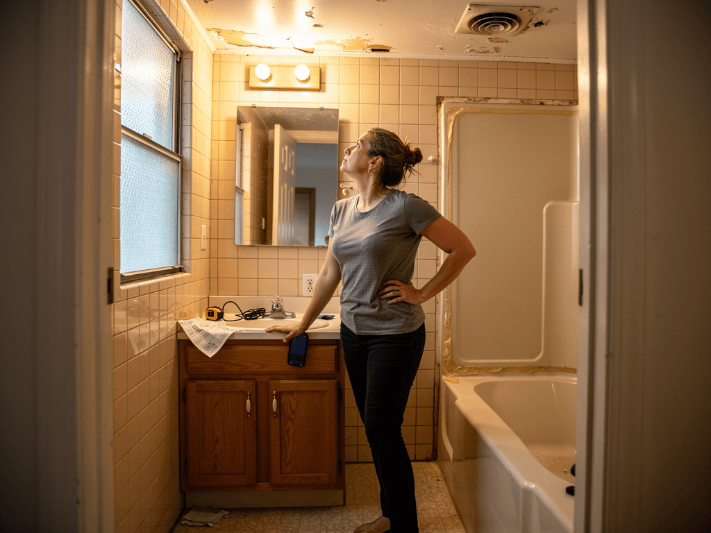 A homeowner standing in a dated bathroom, looking up at peeling ceiling, phone in hand — overwhelmed by where to start