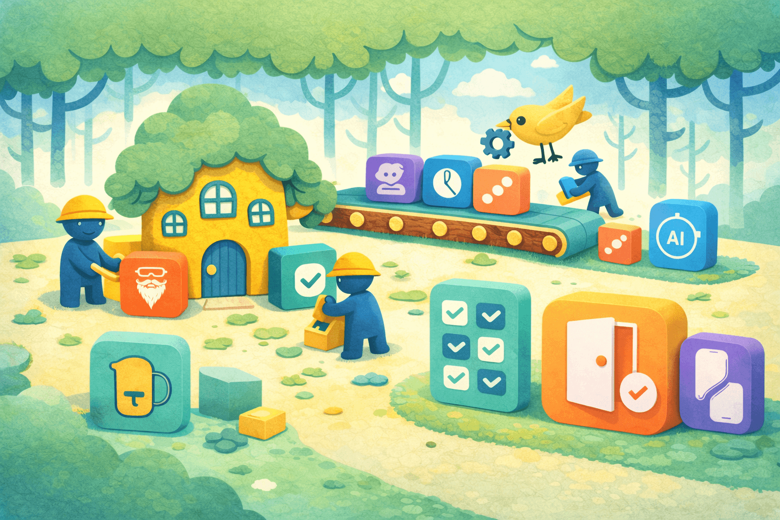 Whimsical tree city with app factory buildings