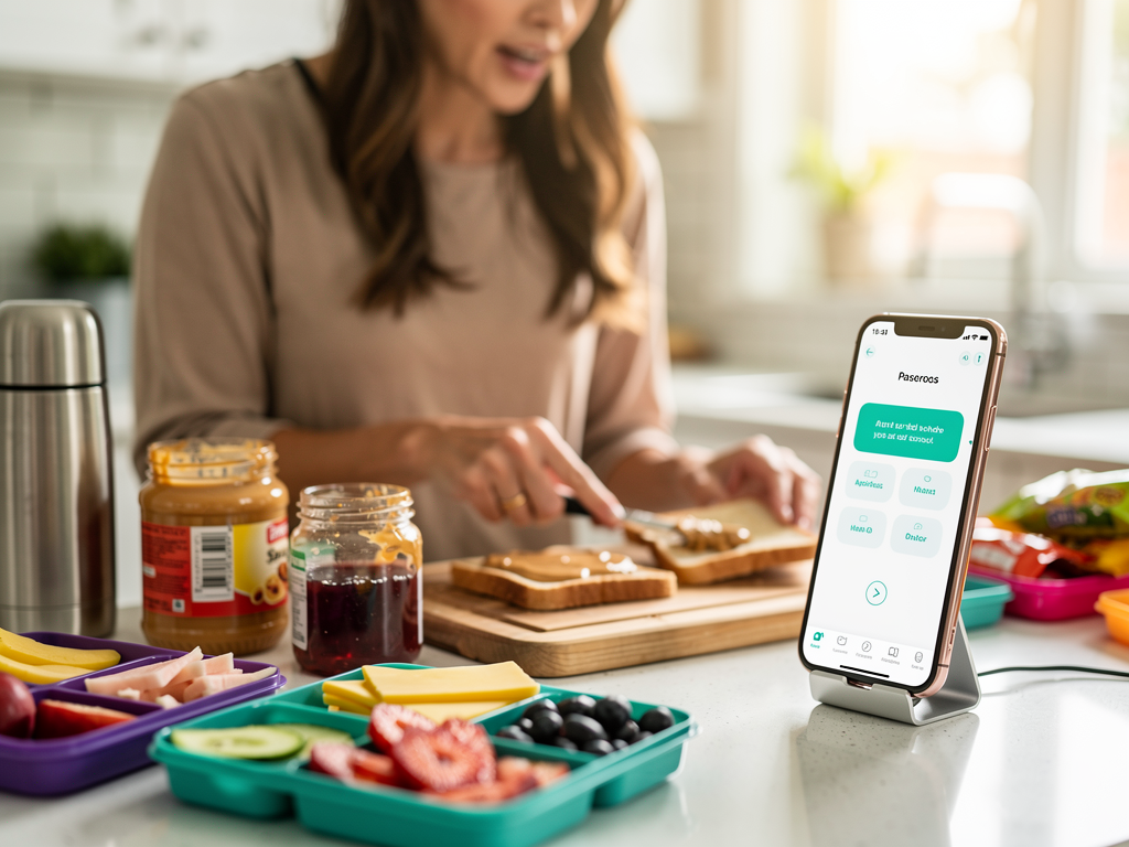 A mom making school lunches while speaking to her phone on a stand — Maya listening and organizing