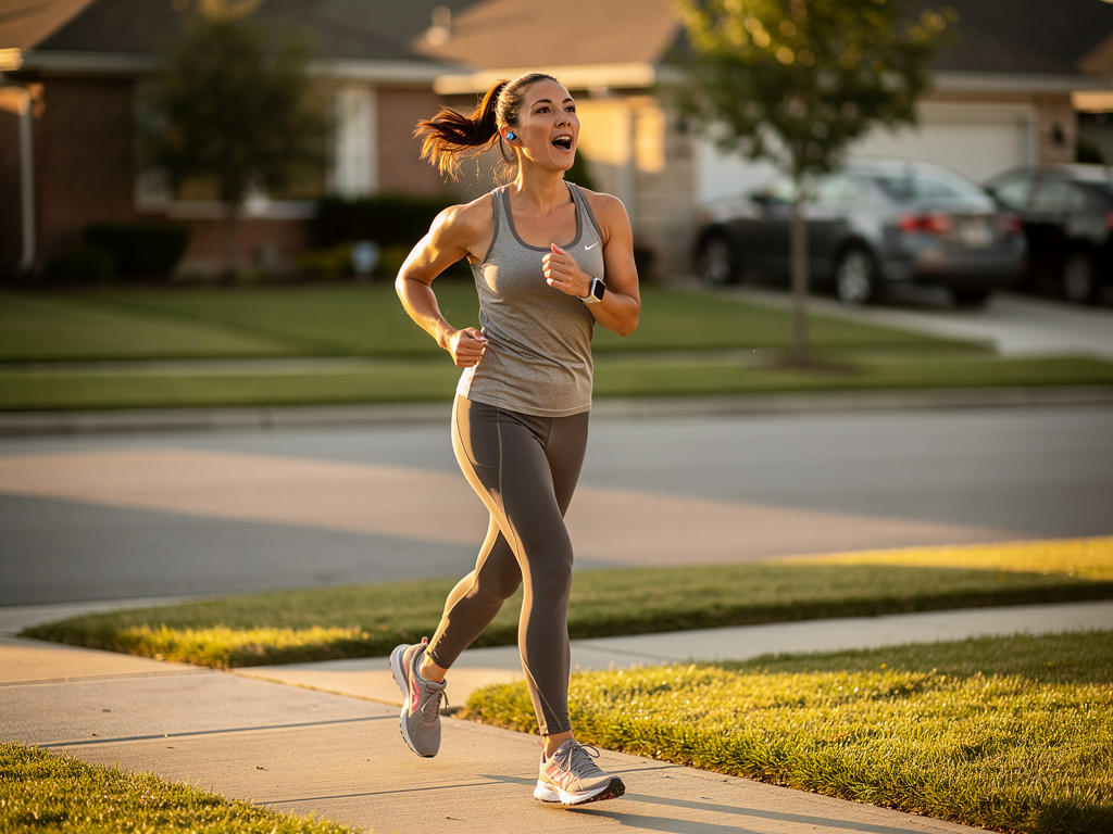 Running on the sidewalk, talking to Maya