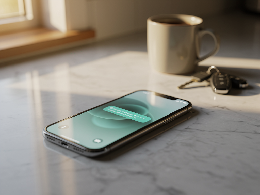 An iPhone on a marble kitchen counter showing a Maya notification, with a coffee mug and car keys in the warm afternoon light